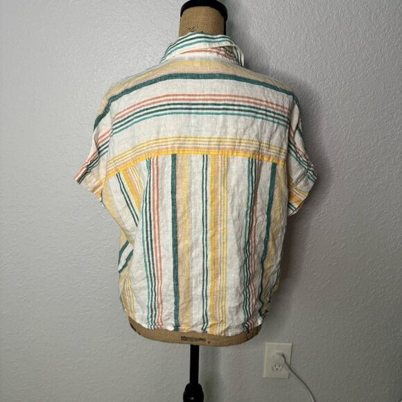 Madewell Linen Short-Sleeve Tie-Front Shirt Size S Pineapple Stripe Button Down - Picture 10 of 11